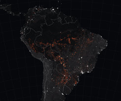 Brandmelder im All: Auf den Satellitenbildern des Nasa Earth Observatory sind die Feuer vor allem im Süden des Amazonasbeckens, aber auch in anderen Gegenden Südamerikas gut zu erkennen.