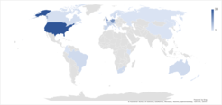 World map which give the countries where PhD researchers spend their three month research visit, as of November 2018