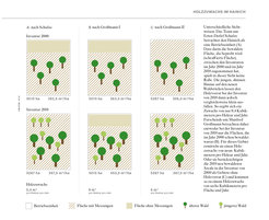 6 Grafiken zur Illustration zu unterschiedlichen Ansätzen der Waldinventur. In den Grafiken zur Inventur 2000 werden unterschiedliche Flächen mit Symbolen für den vorhandenen Baumbestand abgebildet. In den Grafiken zur Inventur 2010 kommen junge Bäume in den bereits 2000 bewaldeten gebieten hinzu sowie auf zu diesem Zeitpunkt noch nicht bewaldeten Flächen.