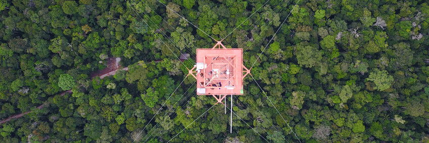 © A. Edtbauer/MPI-C View from above looking straight down at the top of the large ATTO tower, which stands out as an orange square above the green tree tops far below. Diagonally, the guy wires run from the tower into the forest.