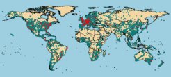 The graph shows the 20,953 TRY measurement sites worldwide (blue) and the locations of contributing institutes (red).