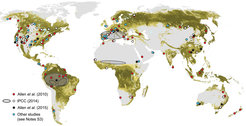 Observations of increased tree mortality and forest decline due to heat and drought. Note that many observations are located outside of regions (oval shapes) considered to be highly susceptible to climate change-induced decline.