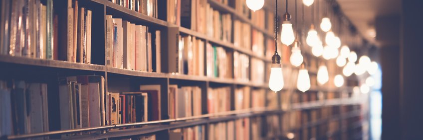 Photo of a library withbook shelves and light bulbs.