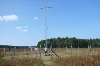 Weather station in Linde, approx. 10 m high mast with meteorological sensors according to the guidelines of the German Weather Service (DWD) on a sunny day in September, blue sky with red-brown meadow vegetation and mast, with averted person standing in front of the control cabinet, in the center