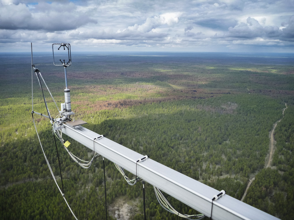 View from the 300m high ZOTTO tower from a great height over the Russian Taiga to the horizon. In the foreground from the lower right a boom arm with 3D wind anemometer and lightning rod is visible. A very cloudy day with low clouds. In the distance you can see showers.
© S. Schmidt/BGC