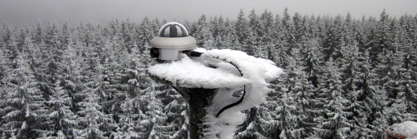 Iced sunshine pyranometer SPN1 in front of snow-covered spruces at Wetzstein (Thuringian Slate Mountains), gray sky in the background. The ice has grown with the wind direction and has beautiful bizarre shapes. One could believe it is a black-and-white picture. However, at the lower right edge of the picture you can see a very small red part of the measuring tower.