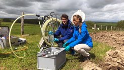 Zwei Wissenschaftler hocken auf einem Feld, umgeben von ihren Messinstrumenten. Vor ihnen steht eine Kiste mit Probenwasserflaschen.