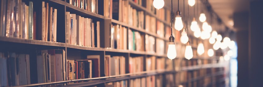 © Janko Ferlič /unsplash.com Blick in eine Bibliothek mit Bücherregalen und Leuchten.