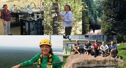 Prof. Susan Trumbore am 14C-Beschleuniger, bei der Feldarbeit und am Institut mit Mitgliedern ihres Teams.
