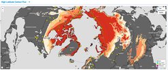 Observational sites with atmospheric measurements available (yellow dots) and permafrost represented by different colours. Source: High Latitude Carbon Flux Sites (https://cosima.nceas.ucsb.edu/carbon-flux-sites/)