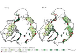 Red circles represent the locations of sites a) with CO2 measurements, and b) with CH4 measurements. The green gradient illustrates the distribution of the total number of individual measurements normalised by 1000 km2 of wetland area available for the ecoregions by Olson et al. (2001). Wetland areas are by Olefeldt et al., 2021.