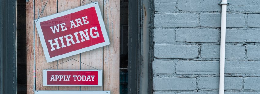 "We are hiring" door sign (Picture credit Eric Prouzet via unsplash)