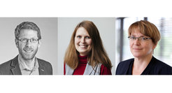 Porträts der drei Mitarbeitenden, die an der Pressemeldung mitgewirkt haben: Peter Hergersberg (links, Bart und Brille), Iris Möbius (schulterlange dunkelblonde Haare) und Susanne Benner (Pagenschnitt, Brille).