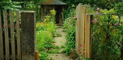 View through a garden door into a colorful garden.
