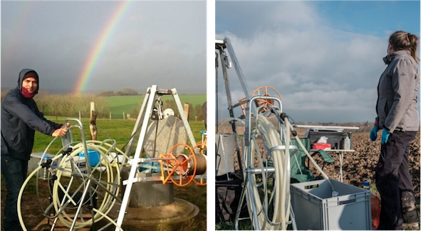 left: Groundwater sampling at the Hainich CZE (© Falko Gutmann), right: High-volume groundwater filtration (© Johann Carl)

